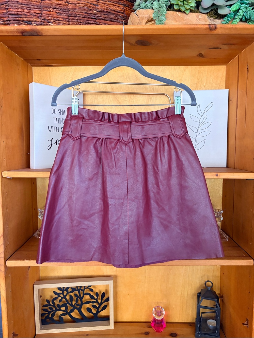 Zara Burgundy Faux Leather Mini Skirt Belted Utility Moto Western Fall - Picture 3 of 7